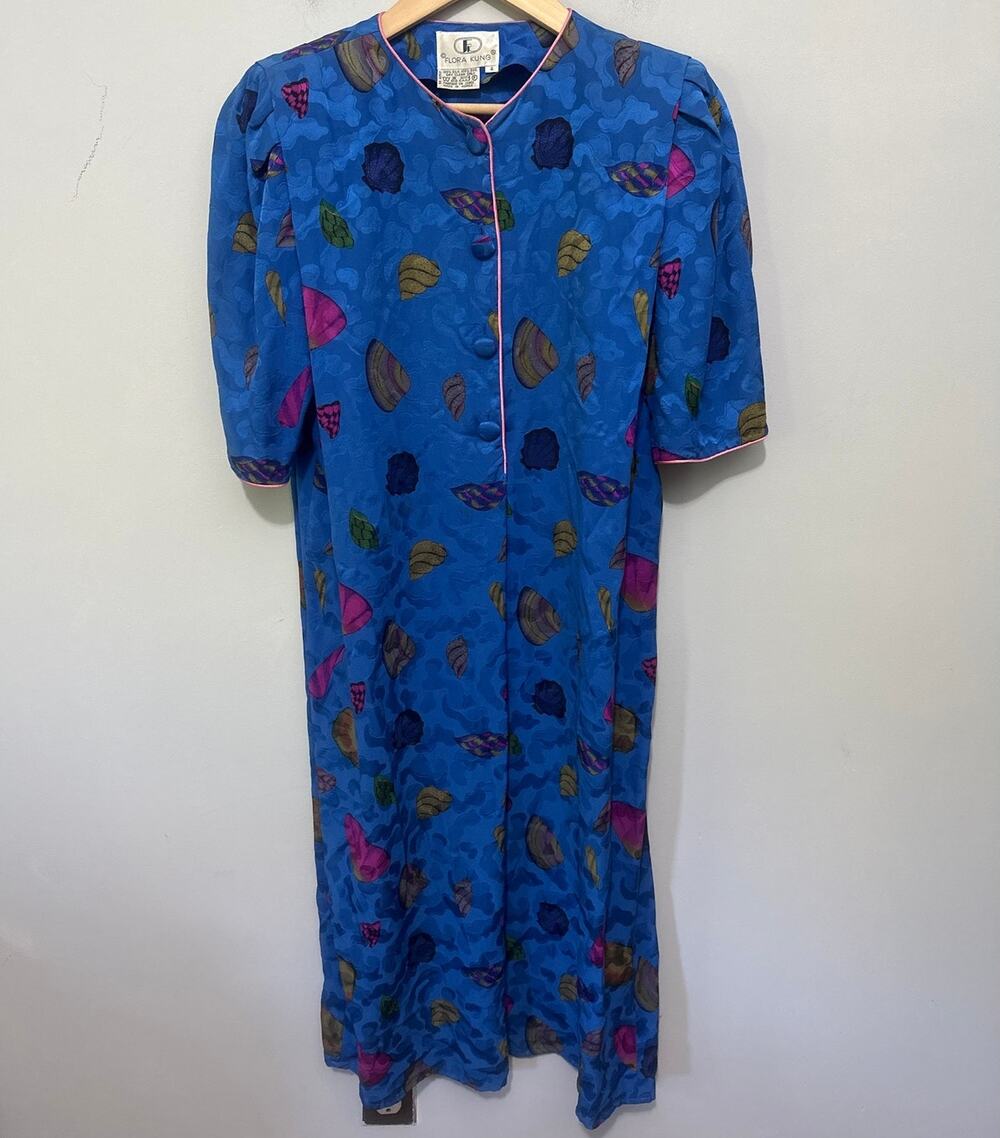 Vintage Flora Kung Silk Dress 4 Blue Shift  Oversized Midi Seashell Print 80s *